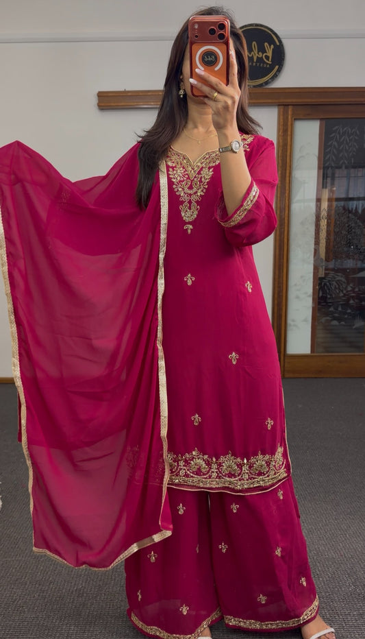 Fuchsia kurti set with gold zari embroidery on neckline and hem, wide-leg sharara pants and matching dupatta — Behuli — view 2