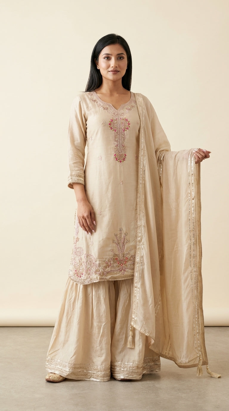 Ivory crepe silk sharara suit set with floral thread embroidery, pink accents, and matching dupatta — Behuli Australia