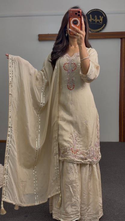 Ivory crepe silk sharara suit set with floral thread embroidery, pink accents, and matching dupatta — Behuli Australia — view 2