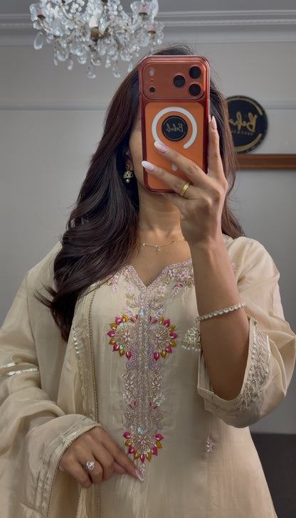 Ivory crepe silk sharara suit set with floral thread embroidery, pink accents, and matching dupatta — Behuli Australia — view 3