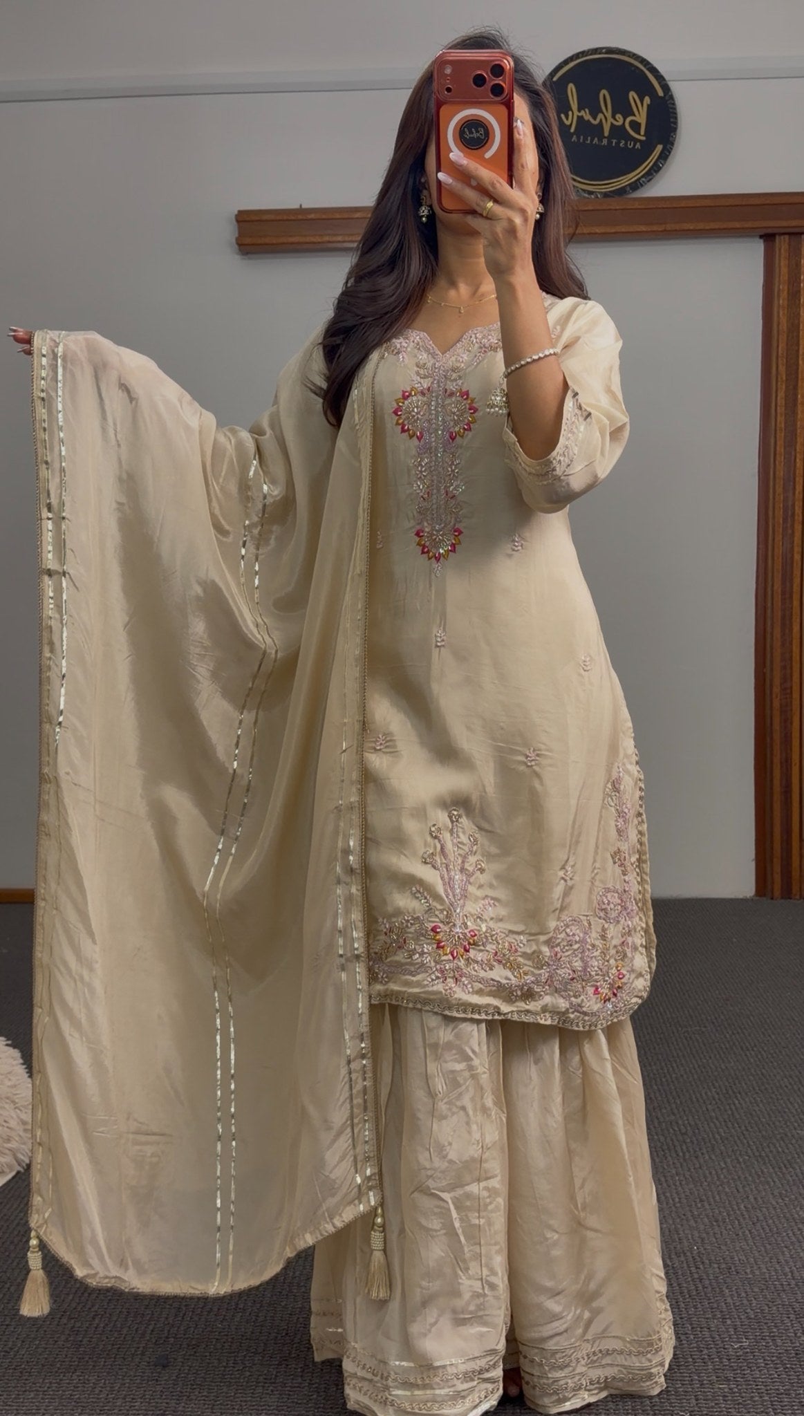 Ivory crepe silk sharara suit set with floral thread embroidery, pink accents, and matching dupatta — Behuli Australia — view 4