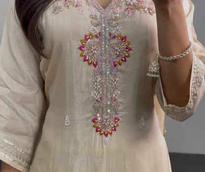 Ivory crepe silk sharara suit set with floral thread embroidery, pink accents, and matching dupatta — Behuli Australia — view 5