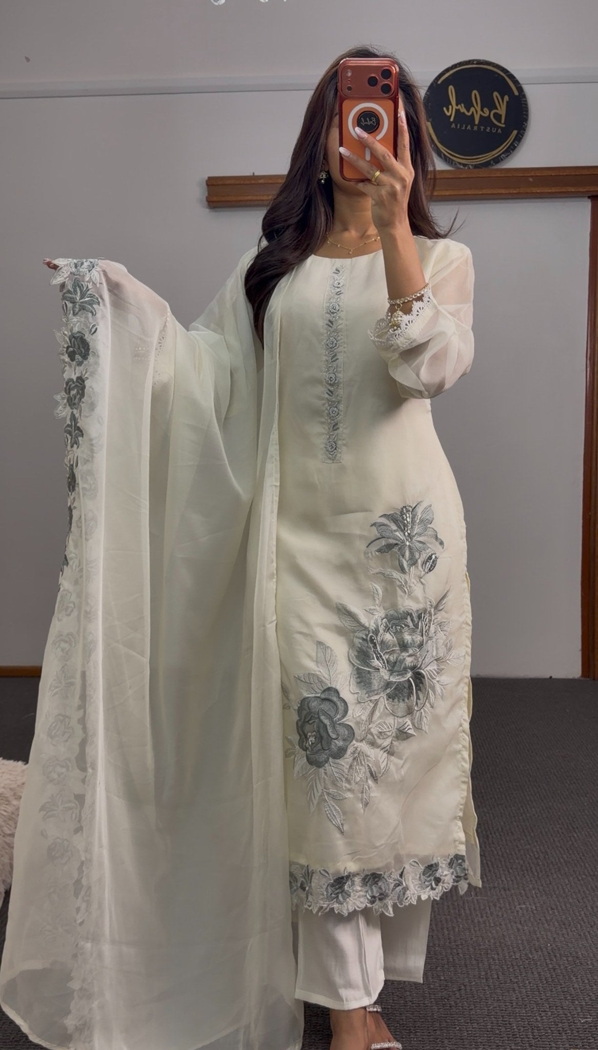 Ivory kurti set with grey floral embroidery, sheer organza sleeves and matching embroidered dupatta — Behuli Australia