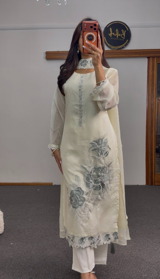 Ivory kurti set with grey floral embroidery, sheer organza sleeves and matching embroidered dupatta — Behuli Australia — view 2