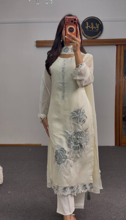 Ivory kurti set with grey floral embroidery, sheer organza sleeves and matching embroidered dupatta — Behuli Australia — view 2