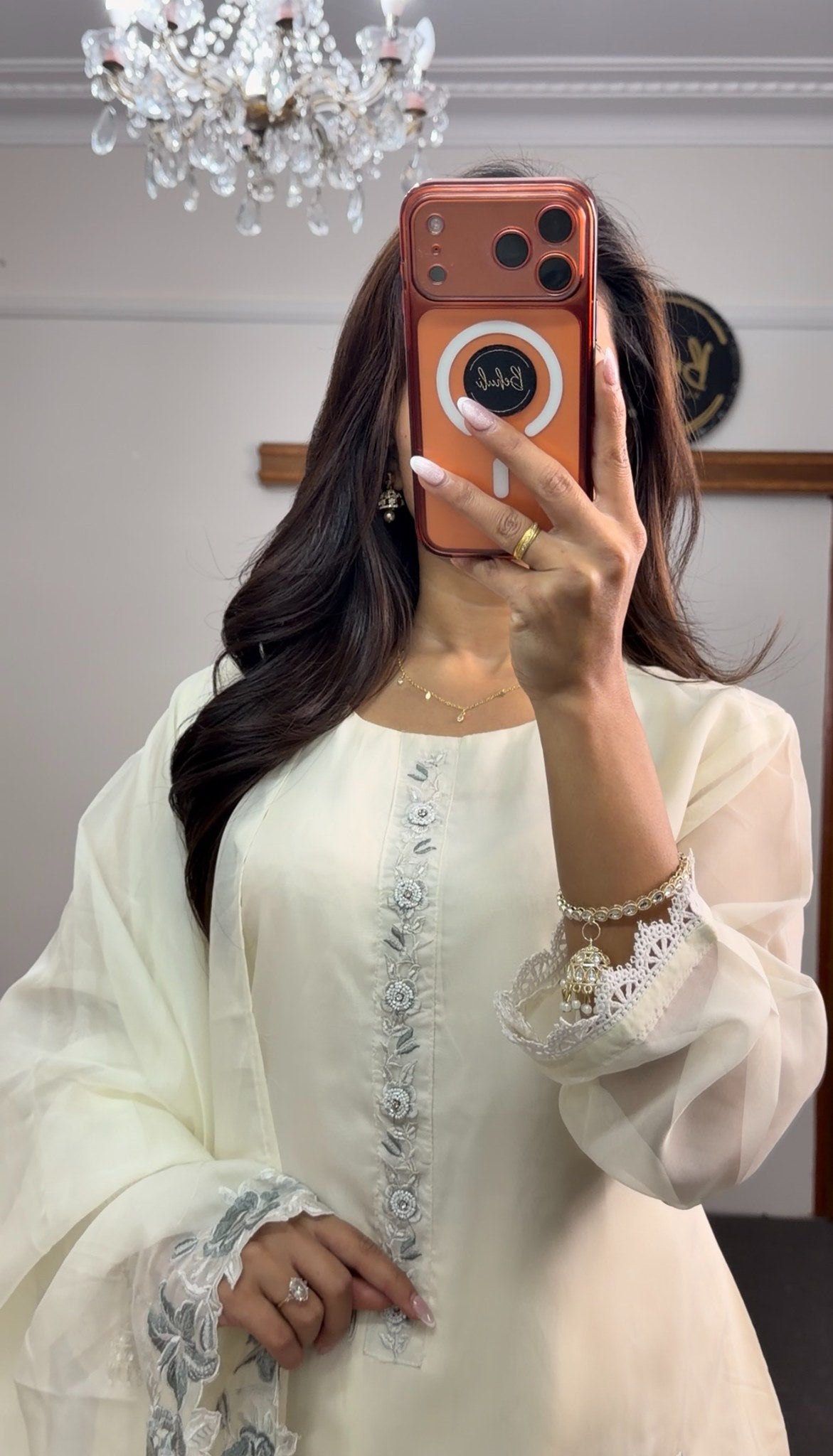 Ivory kurti set with grey floral embroidery, sheer organza sleeves and matching embroidered dupatta — Behuli Australia — view 3