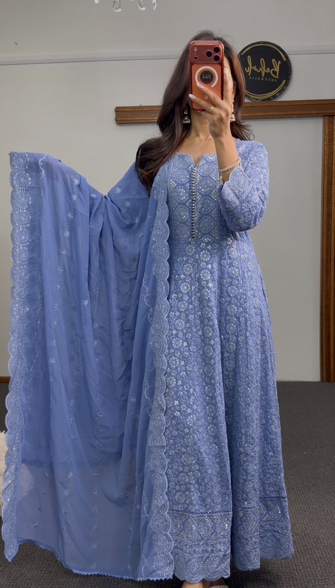 Periwinkle blue Anarkali gown set with all-over white floral embroidery, scalloped border and matching dupatta — Behuli