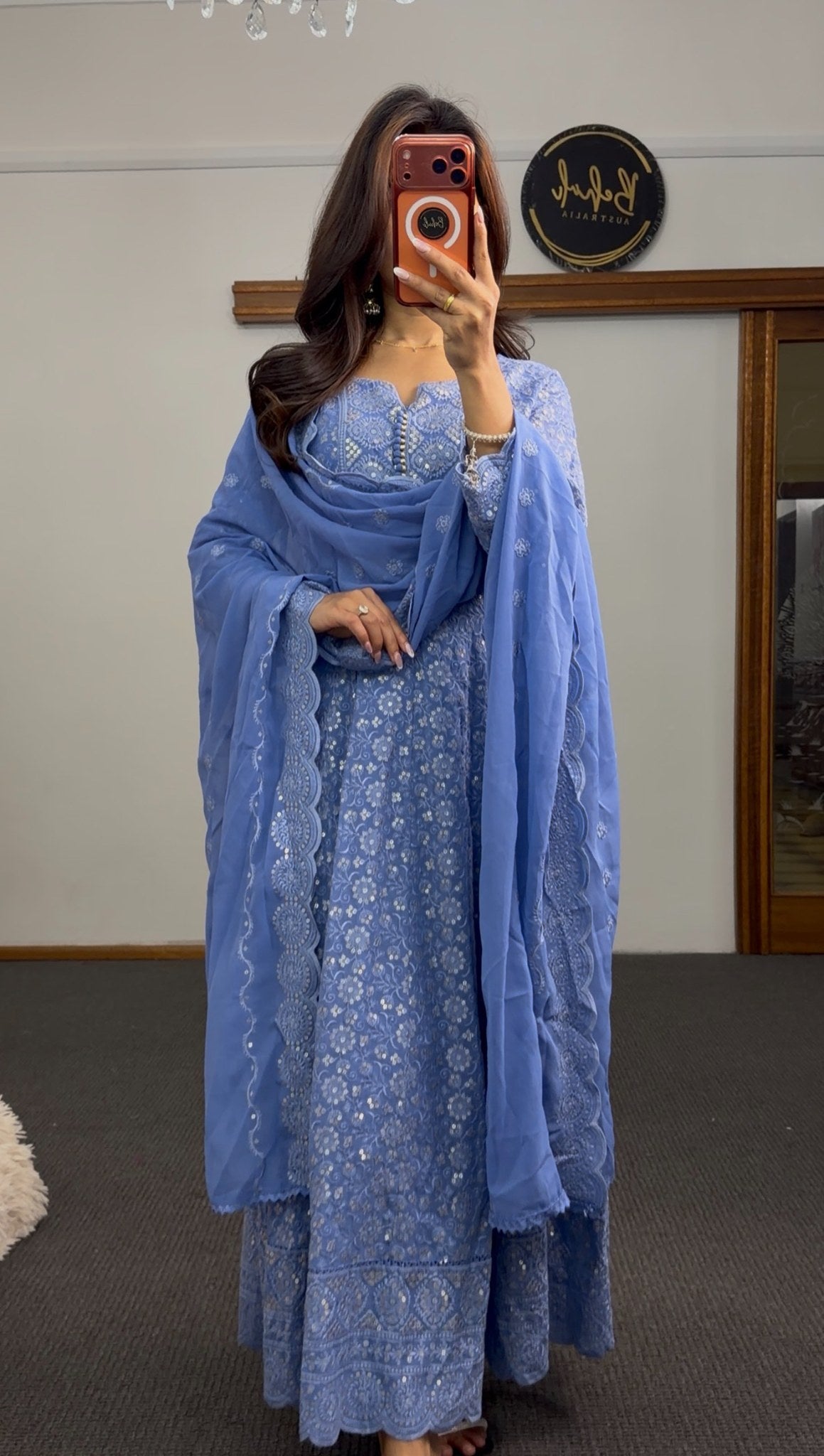 Periwinkle blue Anarkali gown set with all-over white floral embroidery, scalloped border and matching dupatta — Behuli — view 2