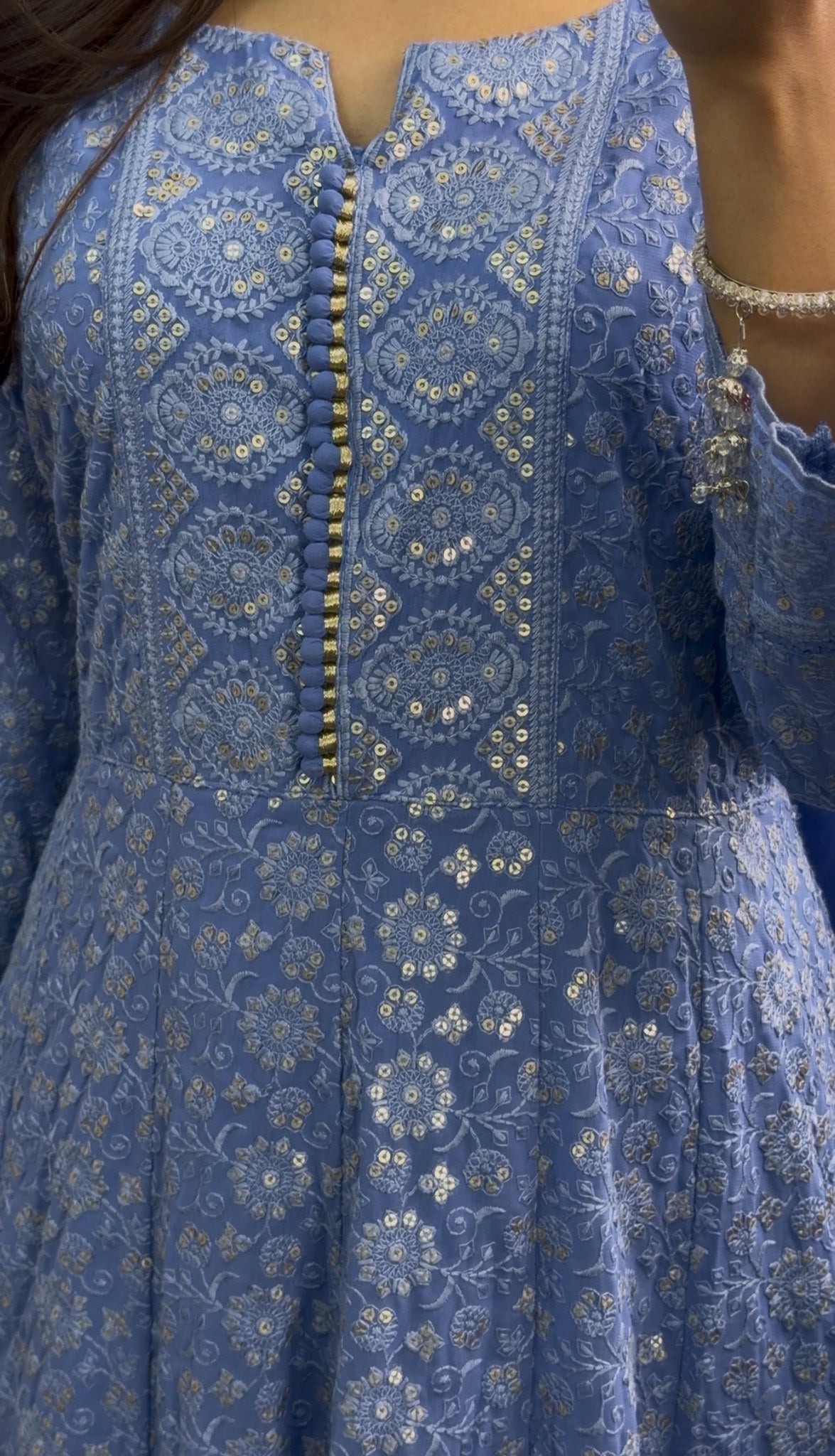 Periwinkle blue Anarkali gown set with all-over white floral embroidery, scalloped border and matching dupatta — Behuli — view 3