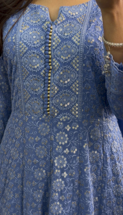 Periwinkle blue Anarkali gown set with all-over white floral embroidery, scalloped border and matching dupatta — Behuli — view 3