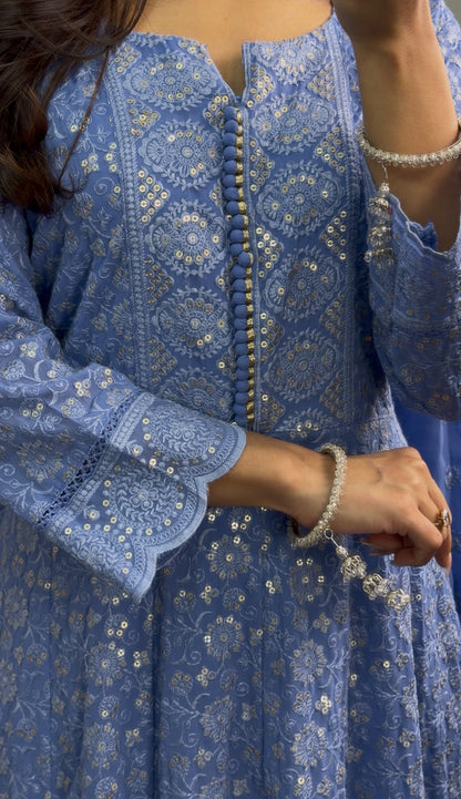 Periwinkle blue Anarkali gown set with all-over white floral embroidery, scalloped border and matching dupatta — Behuli — view 4