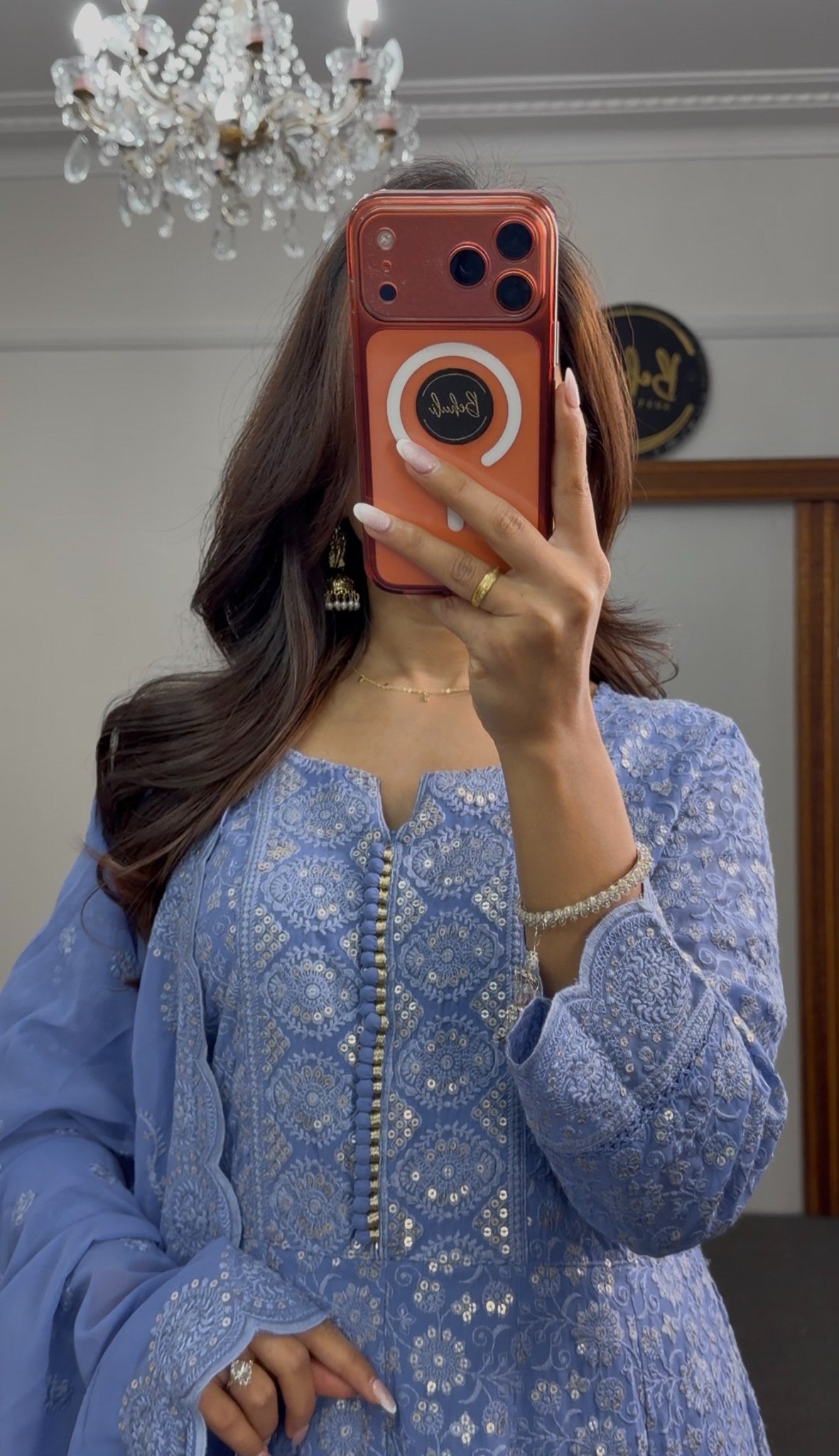Periwinkle blue Anarkali gown set with all-over white floral embroidery, scalloped border and matching dupatta — Behuli — view 5