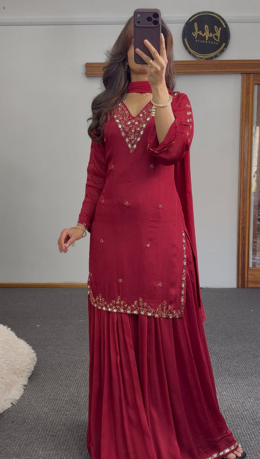 Maroon palazzo suit set with mirror work neckline, kundan embellishment and matching dupatta — Behuli Australia