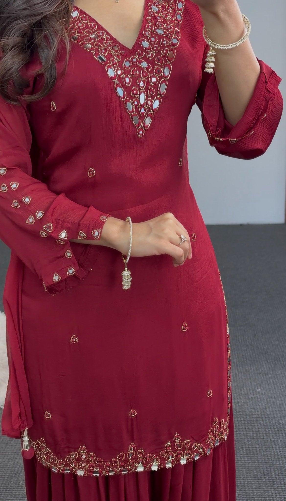 Maroon palazzo suit set with mirror work neckline, kundan embellishment and matching dupatta — Behuli Australia — view 2