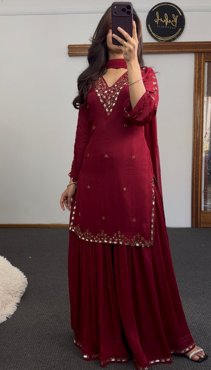 Maroon palazzo suit set with mirror work neckline, kundan embellishment and matching dupatta — Behuli Australia — view 3