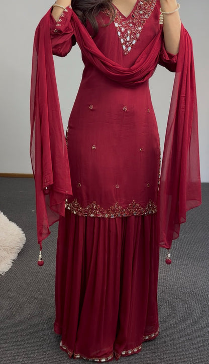 Maroon palazzo suit set with mirror work neckline, kundan embellishment and matching dupatta — Behuli Australia — view 4