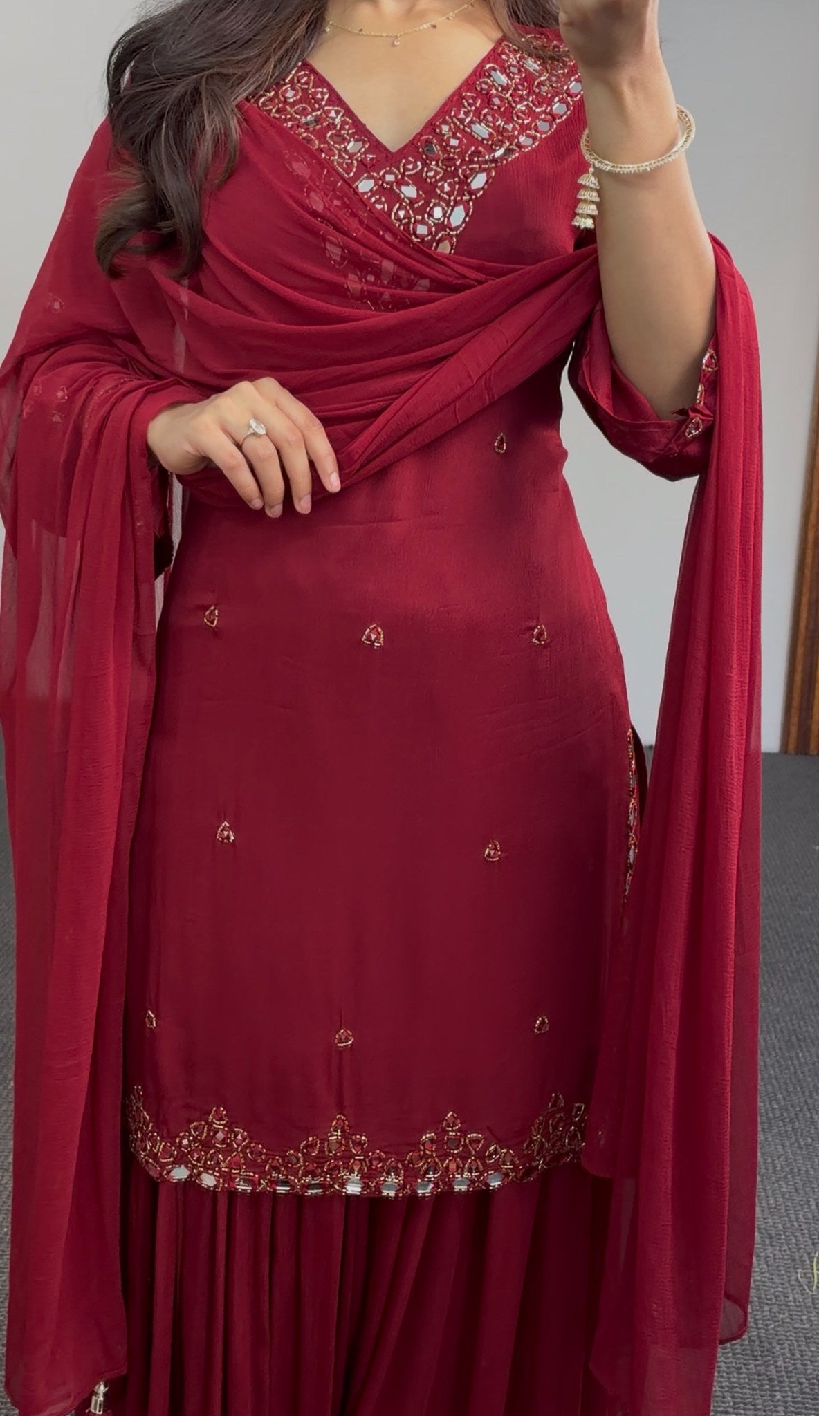 Maroon palazzo suit set with mirror work neckline, kundan embellishment and matching dupatta — Behuli Australia — view 5