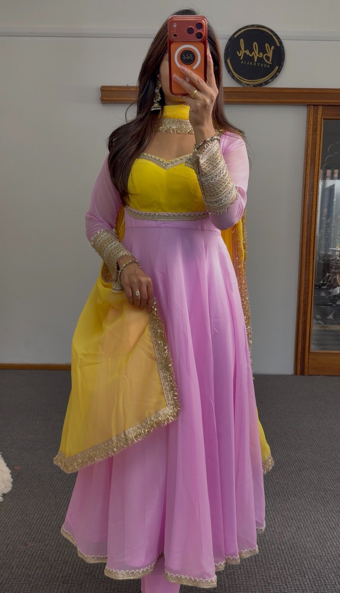Yellow and pink georgette Anarkali suit with gold embroidered borders and matching dupatta — Behuli Australia
