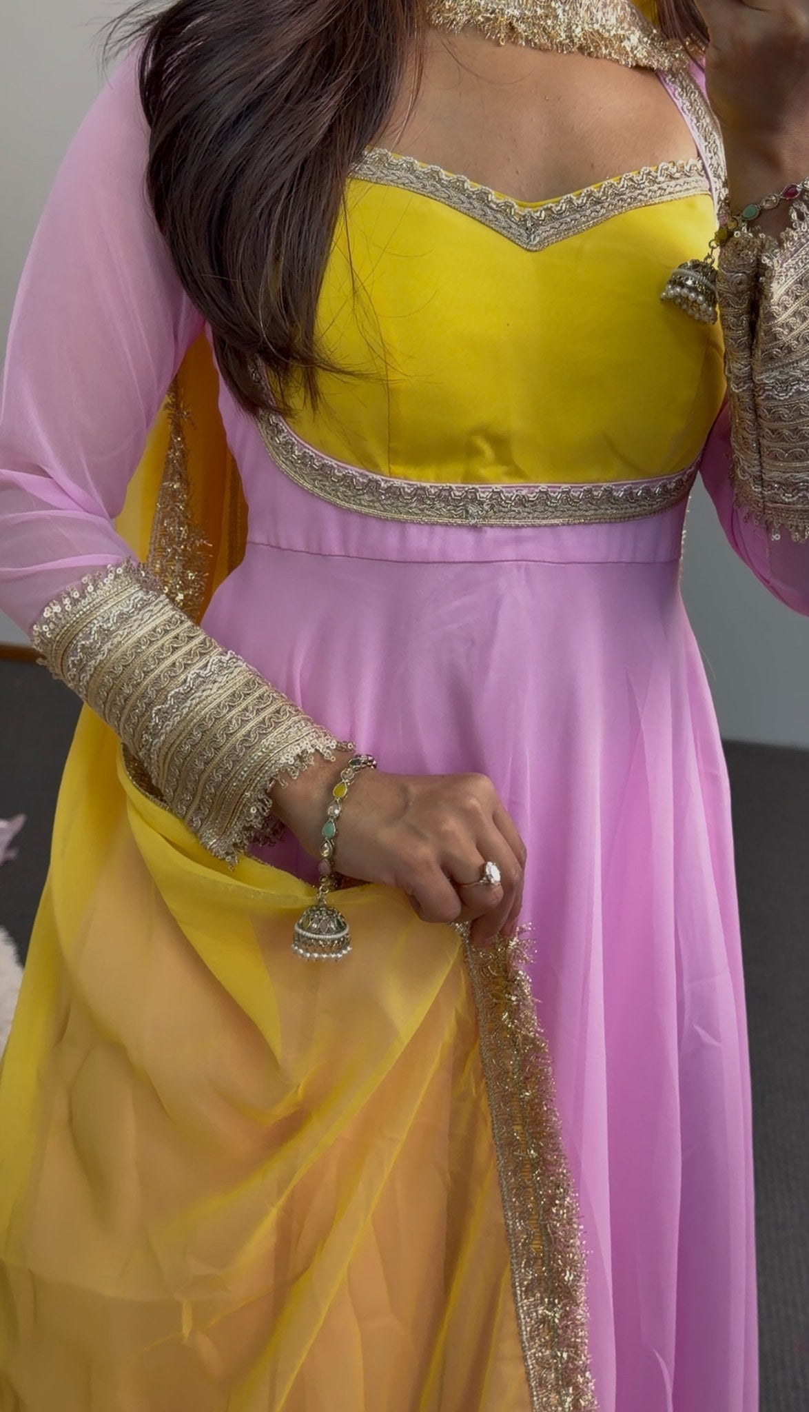 Yellow and pink georgette Anarkali suit with gold embroidered borders and matching dupatta — Behuli Australia — view 2