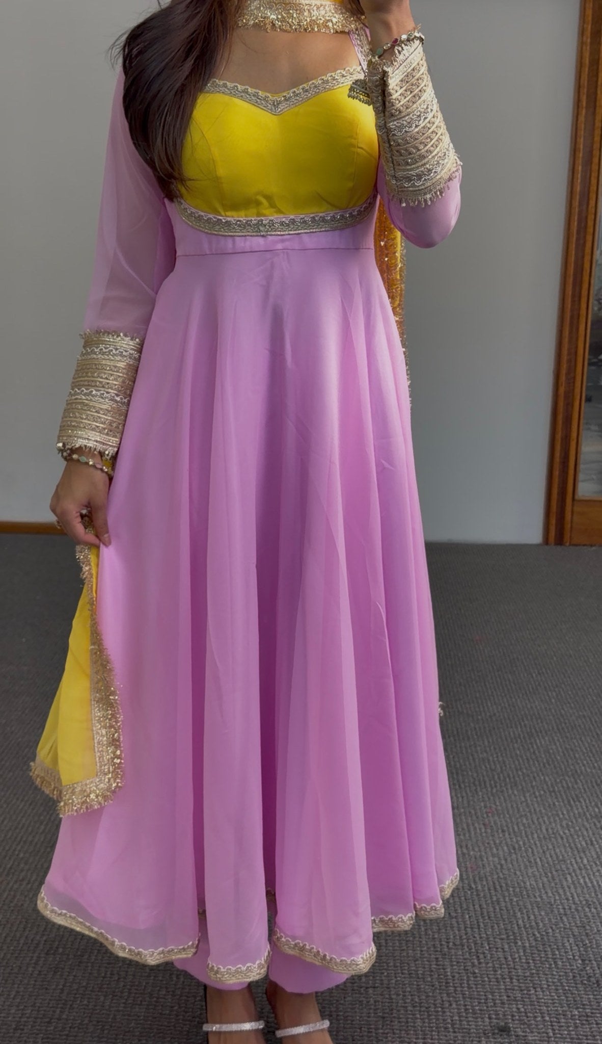 Yellow and pink georgette Anarkali suit with gold embroidered borders and matching dupatta — Behuli Australia — view 3