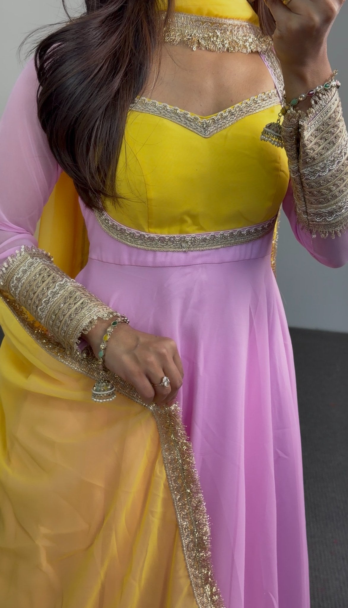 Yellow and pink georgette Anarkali suit with gold embroidered borders and matching dupatta — Behuli Australia — view 4