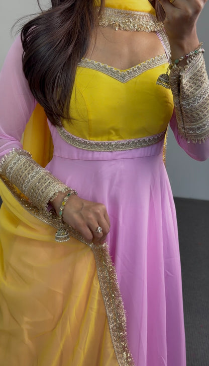 Yellow and pink georgette Anarkali suit with gold embroidered borders and matching dupatta — Behuli Australia — view 4