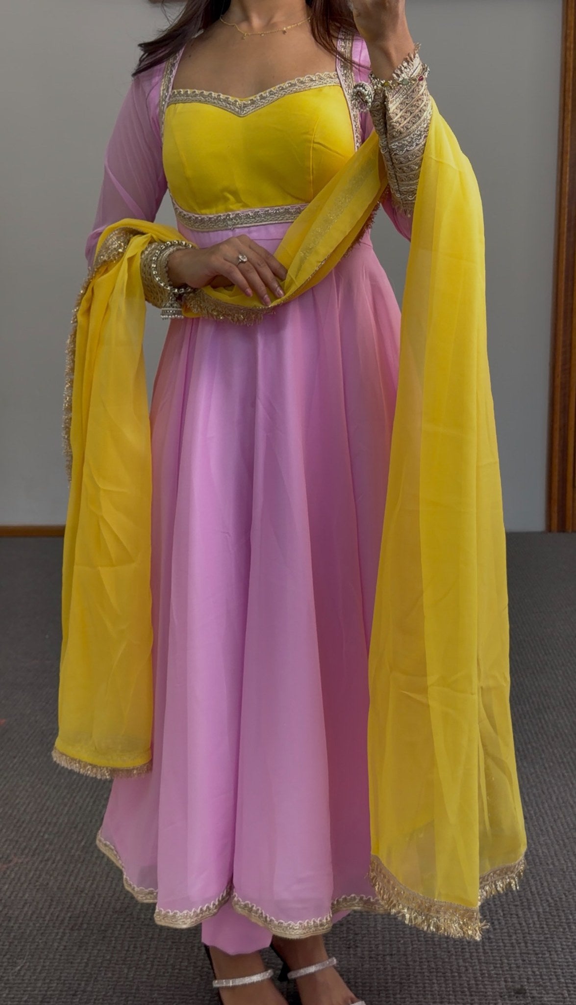 Yellow and pink georgette Anarkali suit with gold embroidered borders and matching dupatta — Behuli Australia — view 5