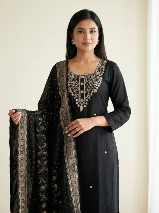 Black kurti set with gold zari floral neckline embroidery and matching woven brocade dupatta — Behuli Australia