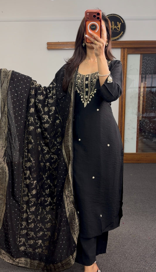 Black kurti set with gold zari floral neckline embroidery and matching woven brocade dupatta — Behuli Australia — view 2