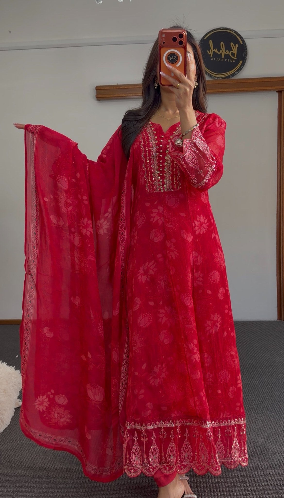Red floral Anarkali set with sequin and zari embroidery at yoke, cuffs and hem border — Behuli Australia