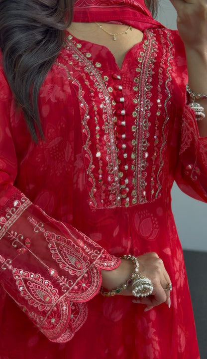 Red floral Anarkali set with sequin and zari embroidery at yoke, cuffs and hem border — Behuli Australia — view 3