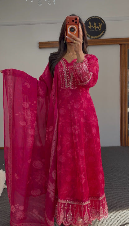 Red floral Anarkali set with sequin and zari embroidery at yoke, cuffs and hem border — Behuli Australia — Hot Pink
