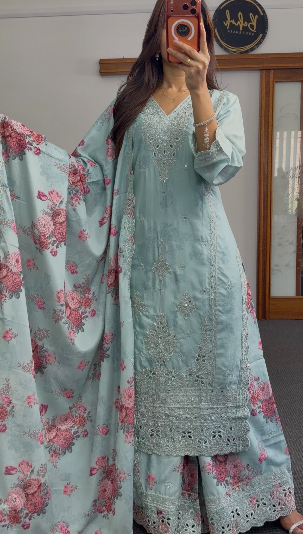 Powder blue embroidered kurti set with floral printed dupatta, stone and sequin detailing — Behuli Australia