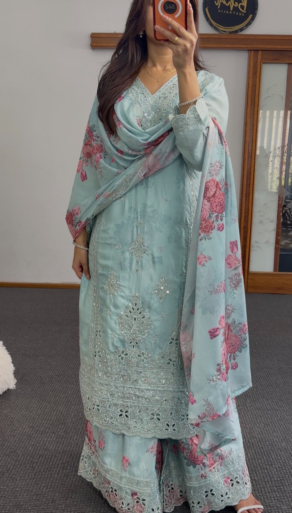 Powder blue embroidered kurti set with floral printed dupatta, stone and sequin detailing — Behuli Australia — view 2