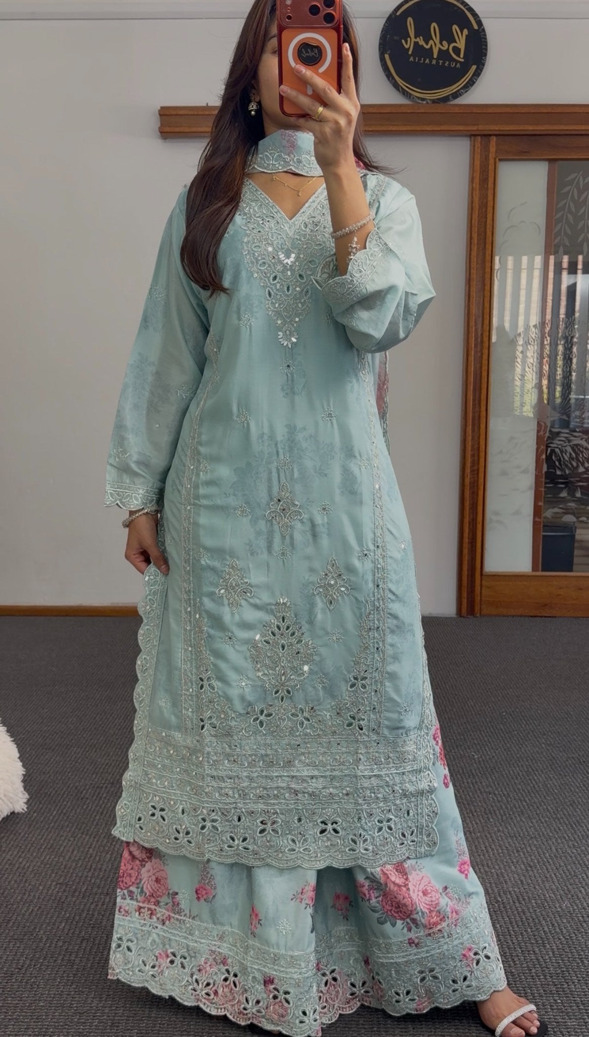Powder blue embroidered kurti set with floral printed dupatta, stone and sequin detailing — Behuli Australia — view 3