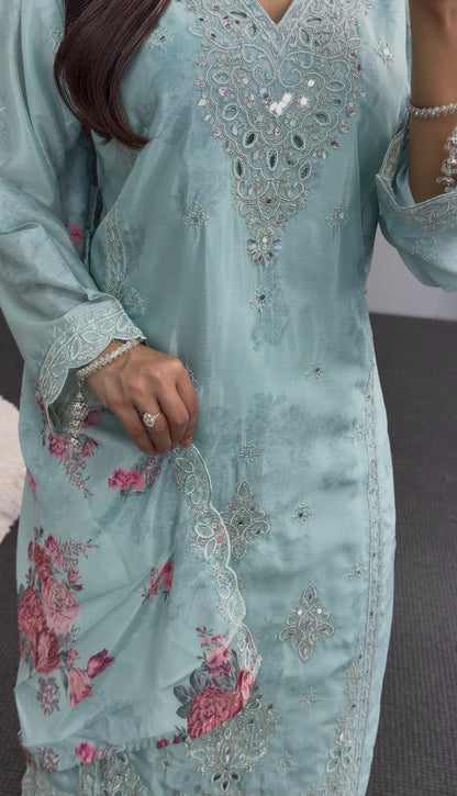 Powder blue embroidered kurti set with floral printed dupatta, stone and sequin detailing — Behuli Australia — view 4