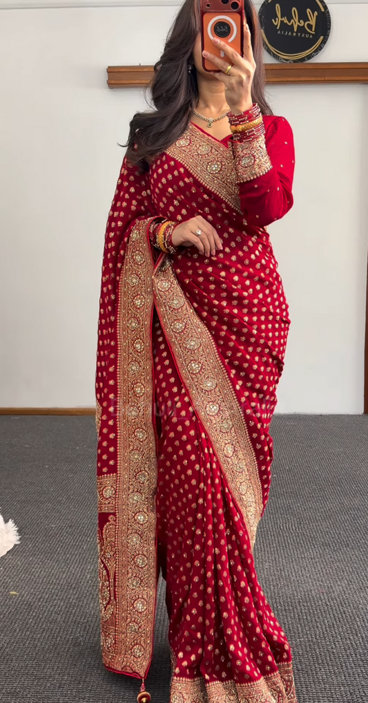 Red Khaddi saree with gold zari booti embroidery, embroidered border and matching full-sleeve blouse — Behuli Australia