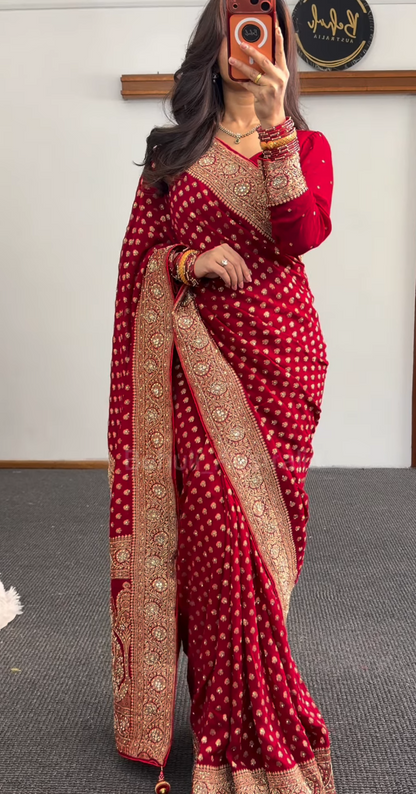 Red Khaddi saree with gold zari booti embroidery, embroidered border and matching full-sleeve blouse — Behuli Australia