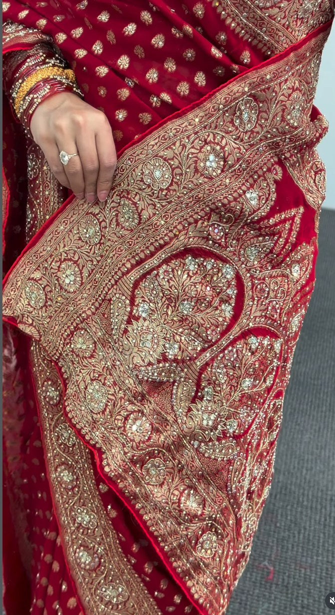Red Khaddi saree with gold zari booti embroidery, embroidered border and matching full-sleeve blouse — Behuli Australia — view 2