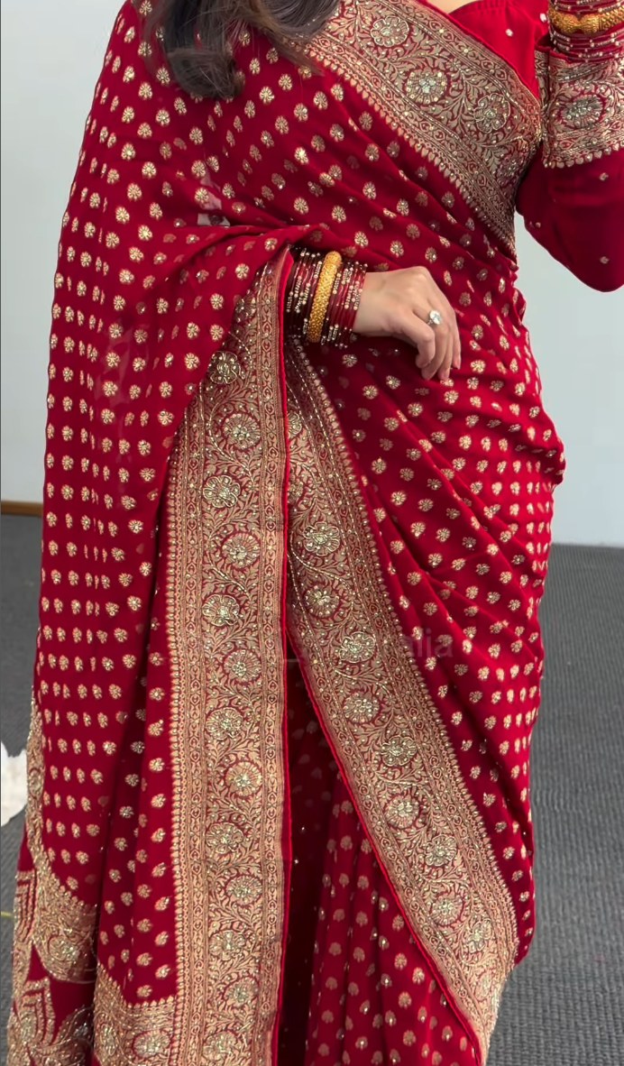 Red Khaddi saree with gold zari booti embroidery, embroidered border and matching full-sleeve blouse — Behuli Australia — view 3