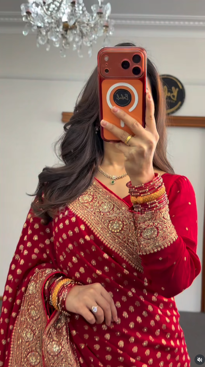 Red Khaddi saree with gold zari booti embroidery, embroidered border and matching full-sleeve blouse — Behuli Australia — view 4