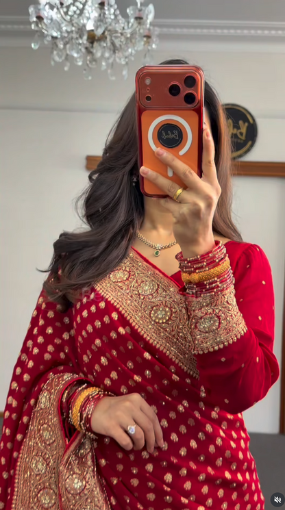 Red Khaddi saree with gold zari booti embroidery, embroidered border and matching full-sleeve blouse — Behuli Australia — view 4