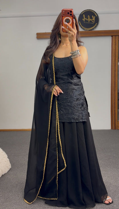 Black embellished kurti set with flared skirt and gold-trim sheer dupatta — Behuli Australia — view 2