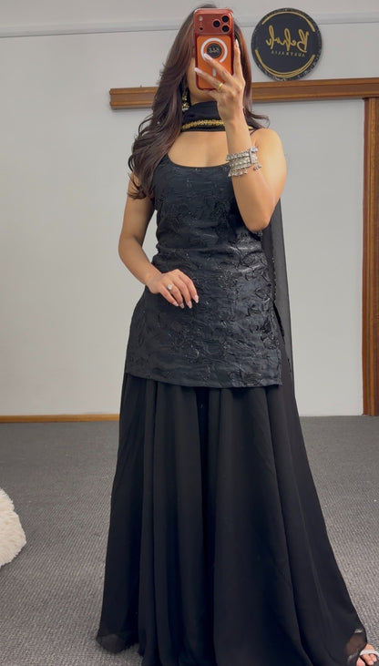 Black embellished kurti set with flared skirt and gold-trim sheer dupatta — Behuli Australia — view 3
