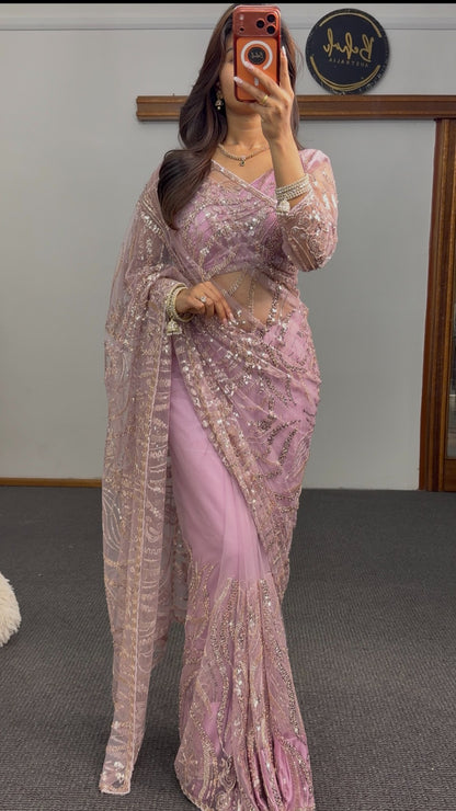 Mauve pink net saree with sequin and zari embroidery draped elegantly — Behuli Australia festive ethnic wear