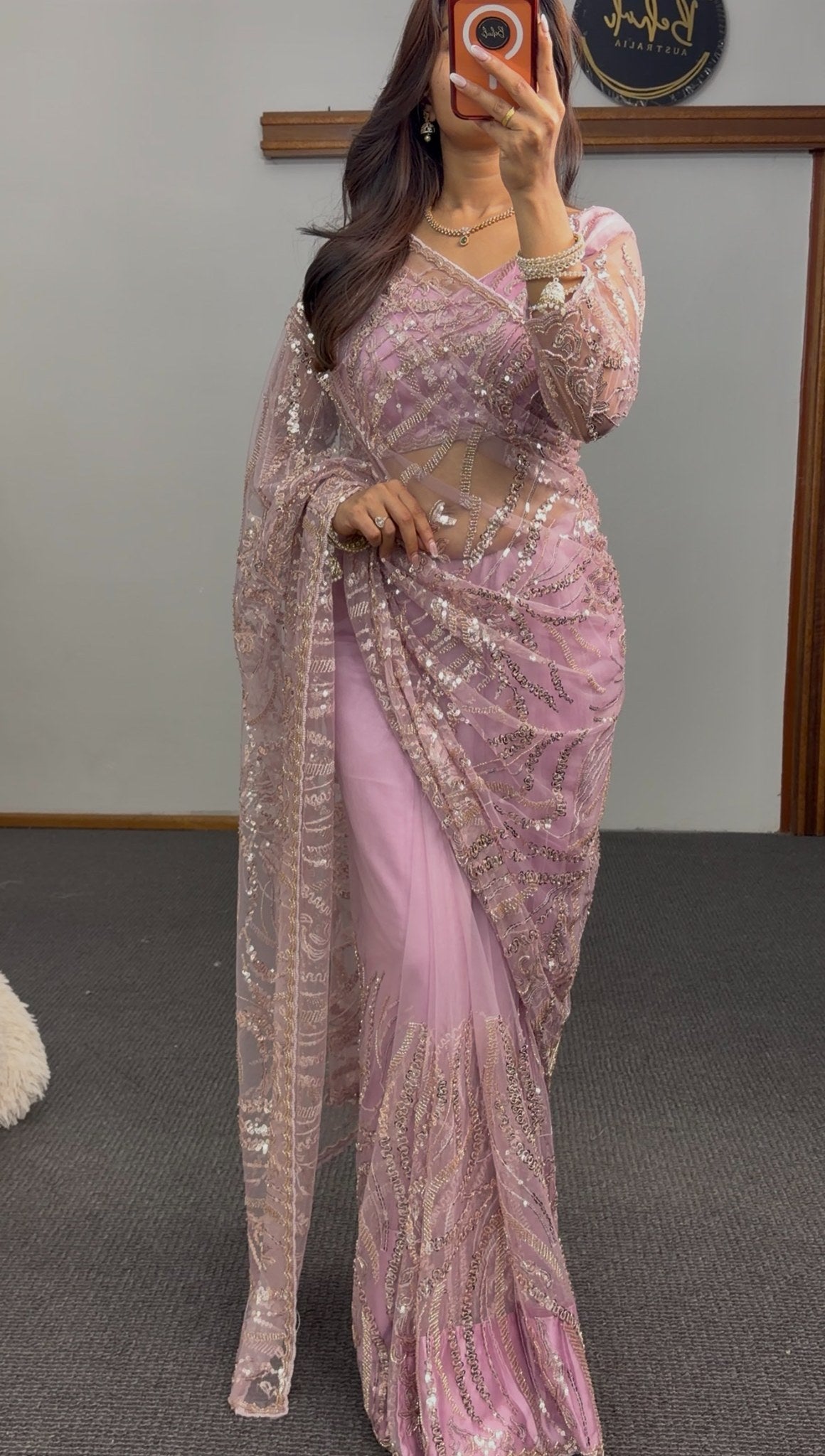 Mauve pink net saree with sequin and zari embroidery draped elegantly — Behuli Australia festive ethnic wear — view 2