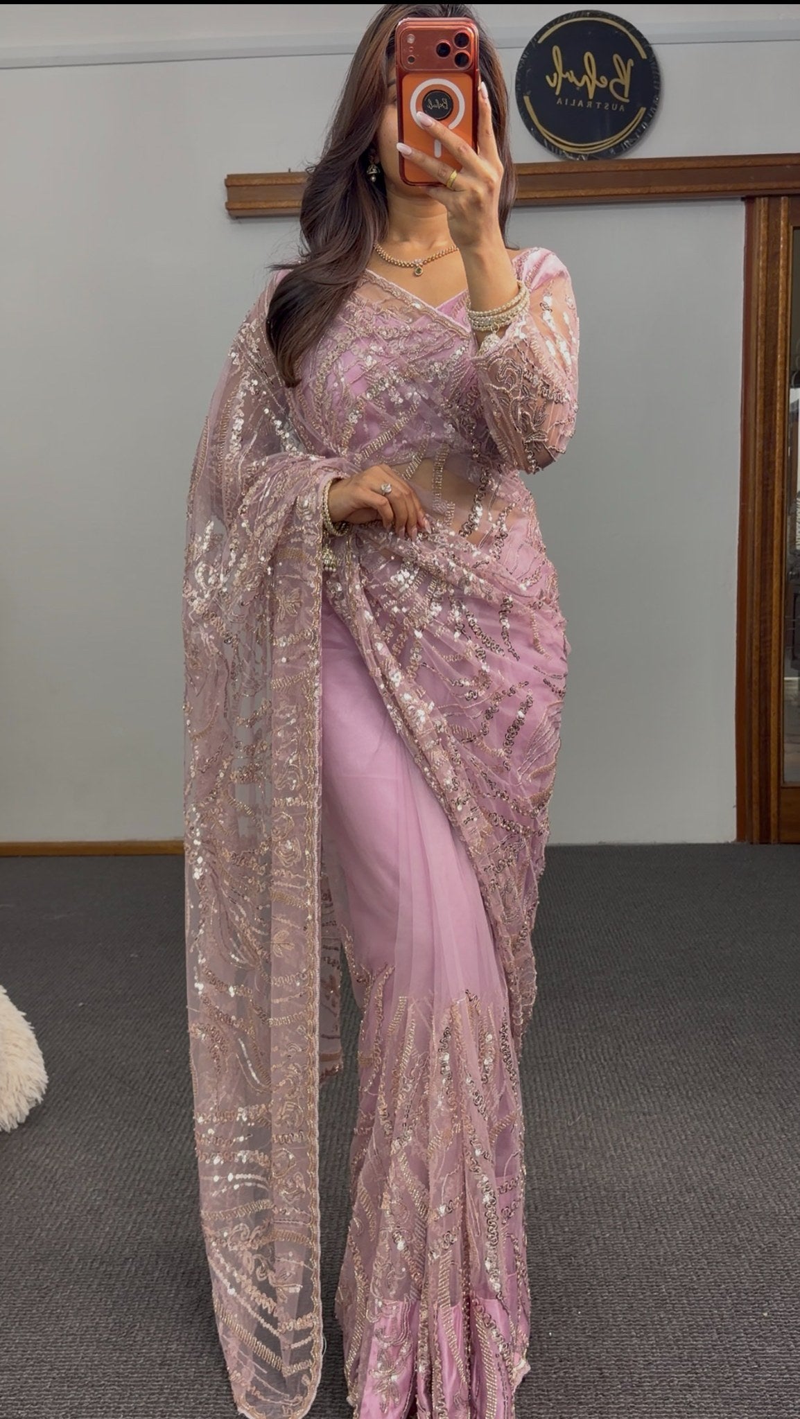 Mauve pink net saree with sequin and zari embroidery draped elegantly — Behuli Australia festive ethnic wear — view 4