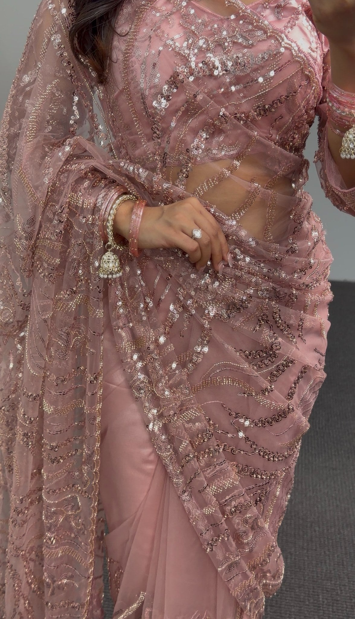 Mauve pink net saree with sequin and zari embroidery draped elegantly — Behuli Australia festive ethnic wear — view 5
