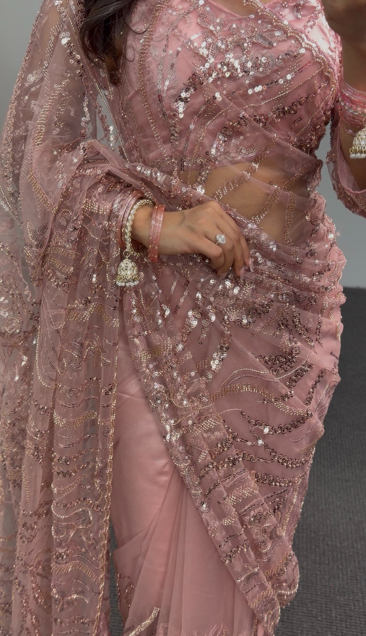 Mauve pink net saree with sequin and zari embroidery draped elegantly — Behuli Australia festive ethnic wear — view 6