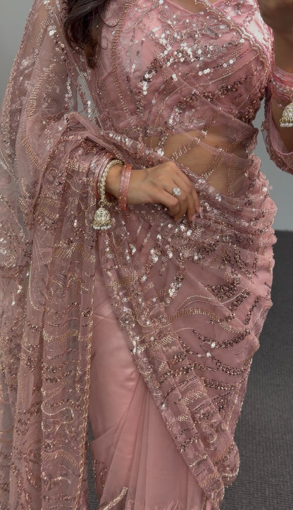 Mauve pink net saree with sequin and zari embroidery draped elegantly — Behuli Australia festive ethnic wear — view 6